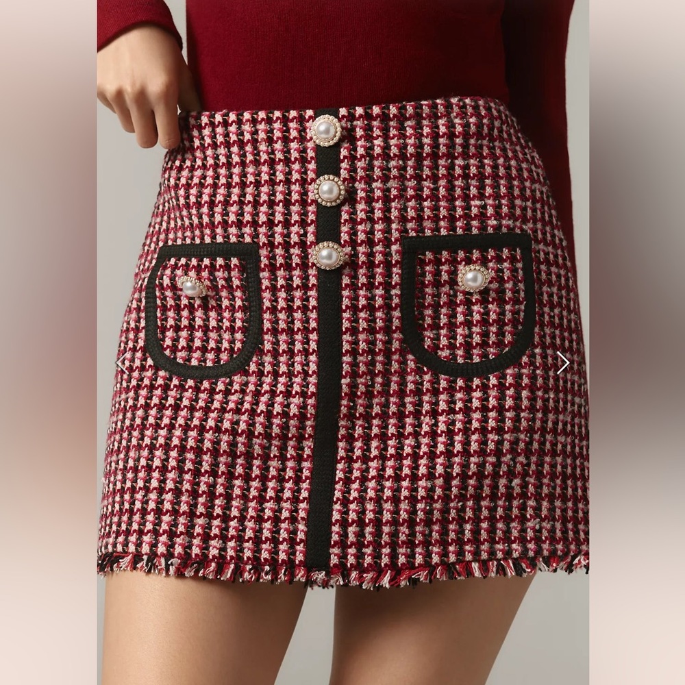 NWT Anthropologie Corey Lynn Calter Tweed Red Black Mini Skirt with Pearl Button